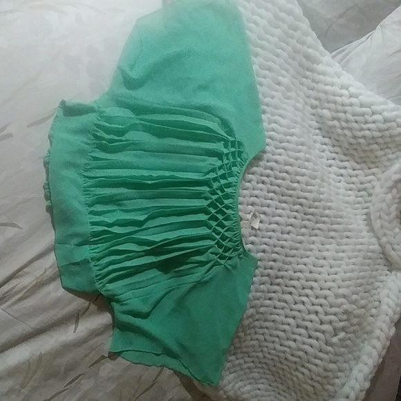 Lost April Bohemian Pleated Dolman Sleeve Feminine Flowy Mint Green Cropped Top - Picture 2 of 3